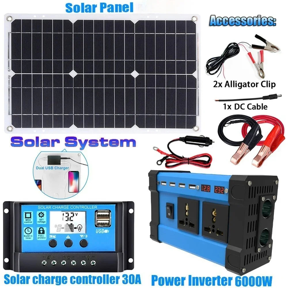 6000W Solar Inverter Kit 600W Solar Panel 100A Charge Controller 220V Off-Grid Power System
