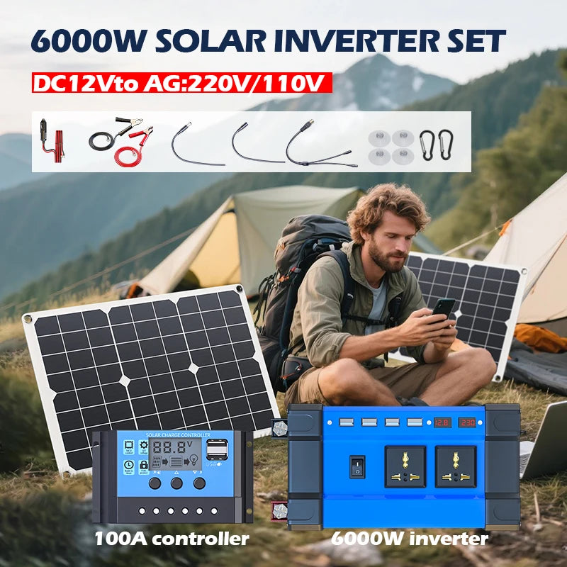 6000W Solar Inverter Kit 600W Solar Panel 100A Charge Controller 220V Off-Grid Power System