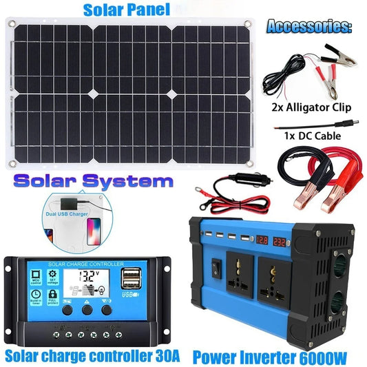 6000W Solar Inverter Kit Complete Power Generation 600W Solar Panel 110V/220V System 12V Solar Panel Battery Charging Controller