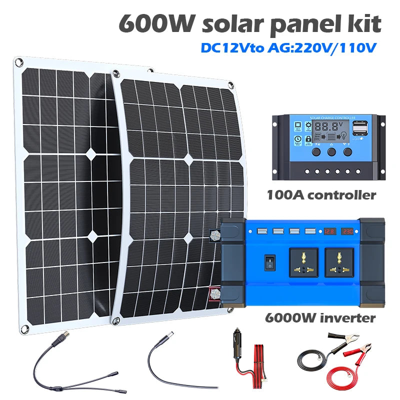 6000W Solar Inverter Kit 600W Solar Panel 100A Charge Controller 220V Off-Grid Power System